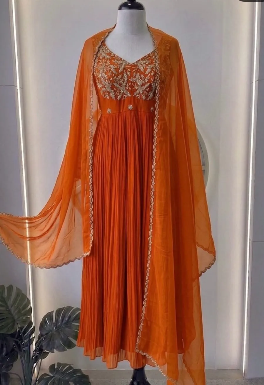 Rust Orange Pleated Georgette Anarkali Suit with Embroidered Sweetheart Yoke | Festive Long Gown with Scallop Border Dupatta