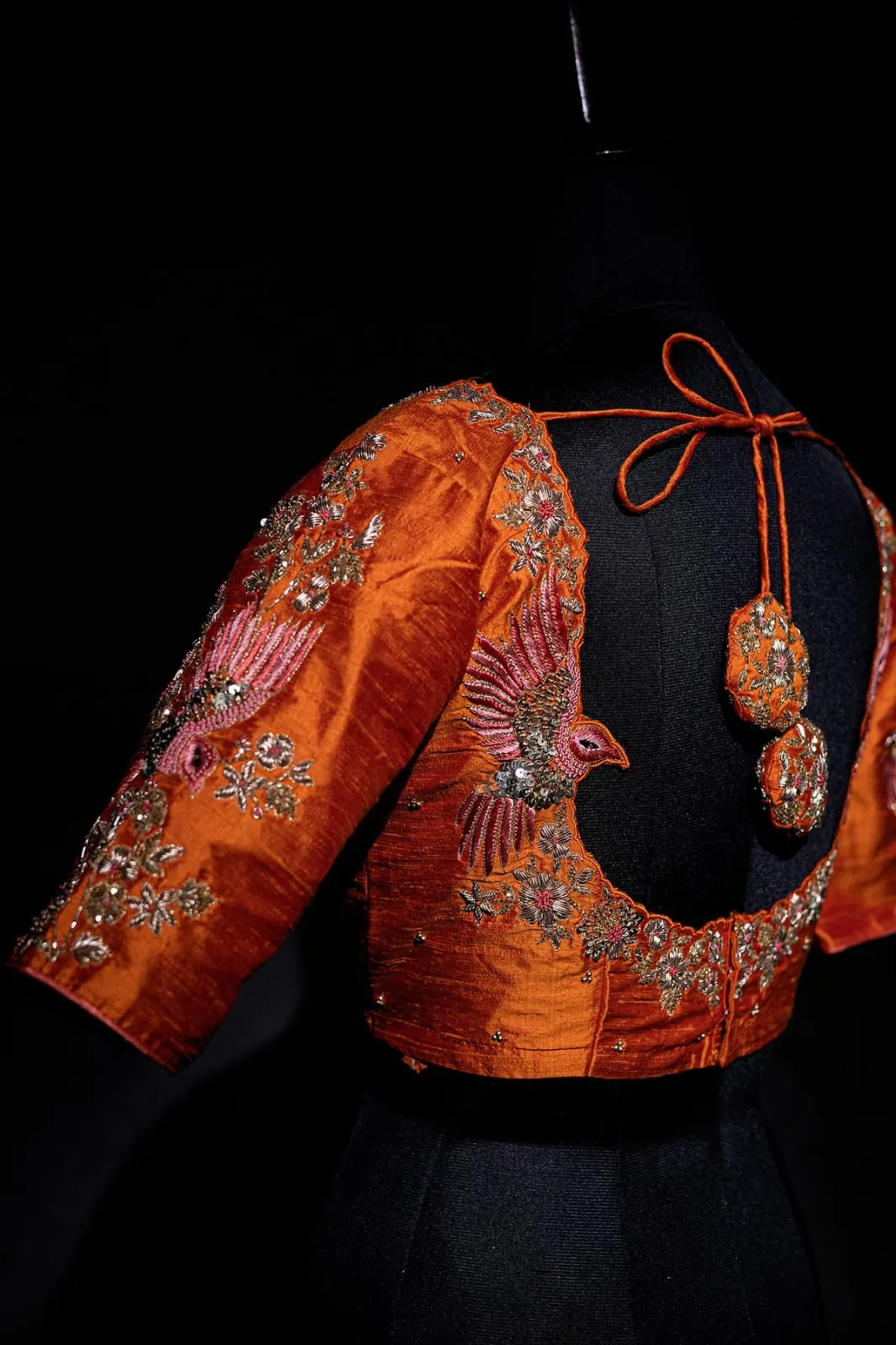 Rust Orange Silk Blouse | Designer Bird Motif Maggam Work Lehenga Blouse