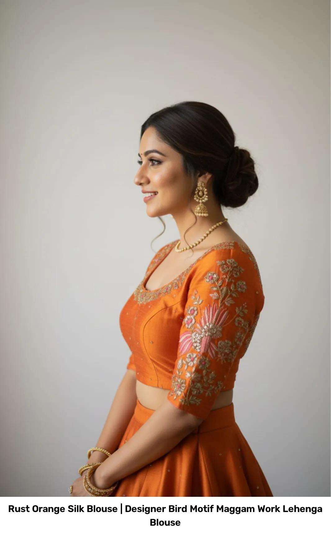 Rust Orange Silk Blouse | Designer Bird Motif Maggam Work Lehenga Blouse 2