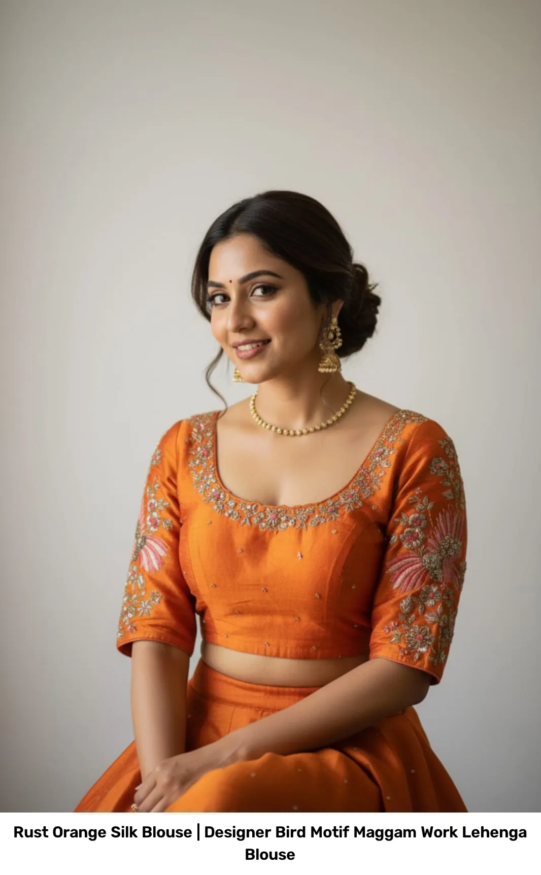 Rust Orange Silk Blouse | Designer Bird Motif Maggam Work Lehenga Blouse 3