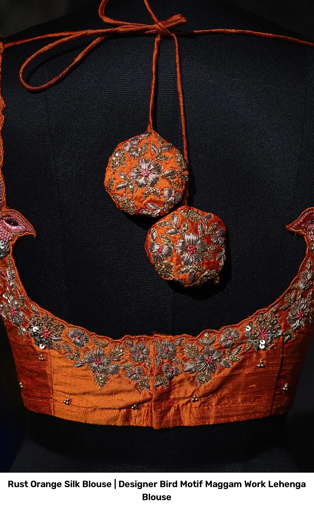Rust Orange Silk Blouse | Designer Bird Motif Maggam Work Lehenga Blouse 4