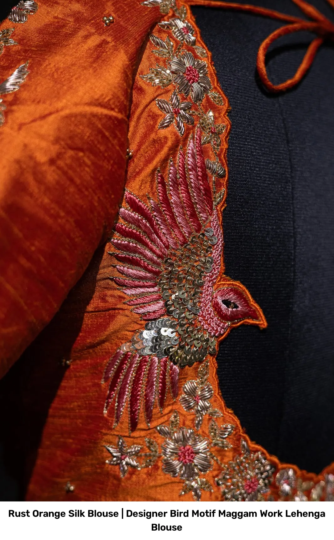 Rust Orange Silk Blouse | Designer Bird Motif Maggam Work Lehenga Blouse 5