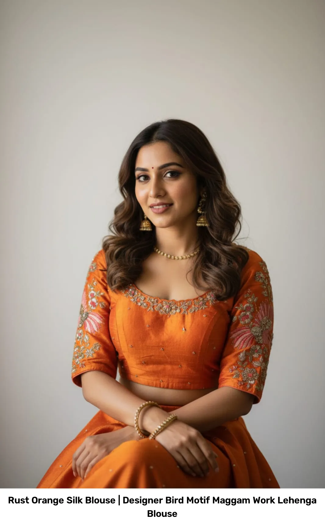 Rust Orange Silk Blouse | Designer Bird Motif Maggam Work Lehenga Blouse 6