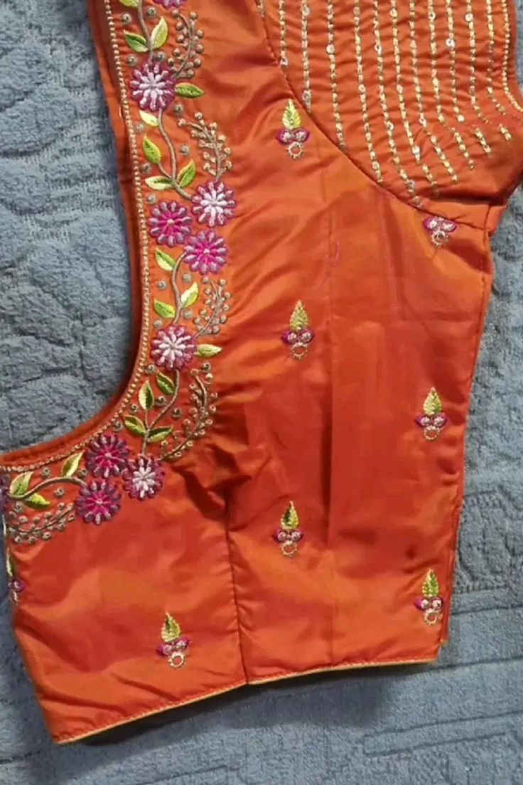 Rust Orange Silk Saree Blouse | Pink Floral Thread Embroidery Neckline & Striped Sequin Sleeve Readymade Blouse