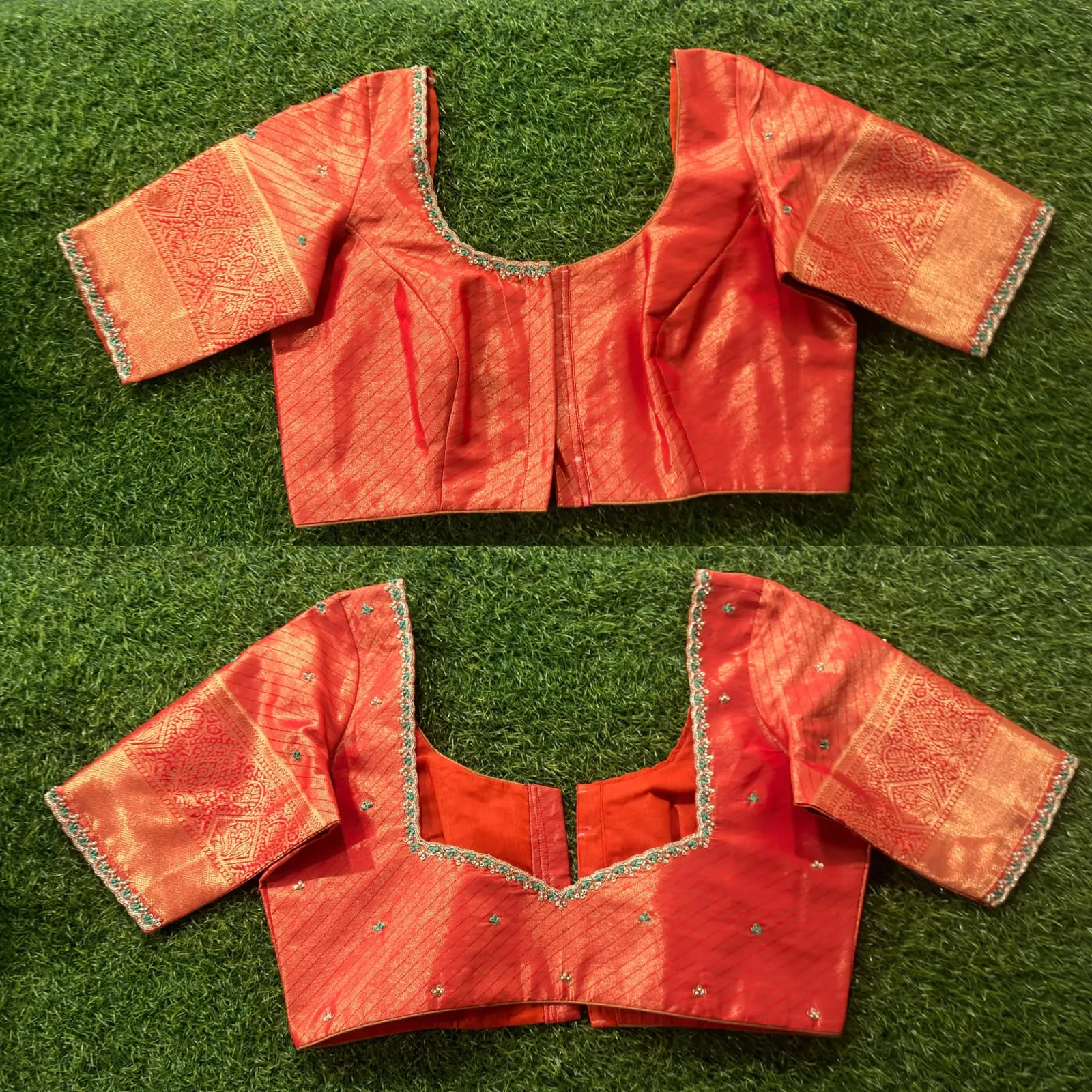 Rust Orange Striped Silk Saree Blouse | Broad Sweetheart Back Neck Aari Maggam Handwork Blouse