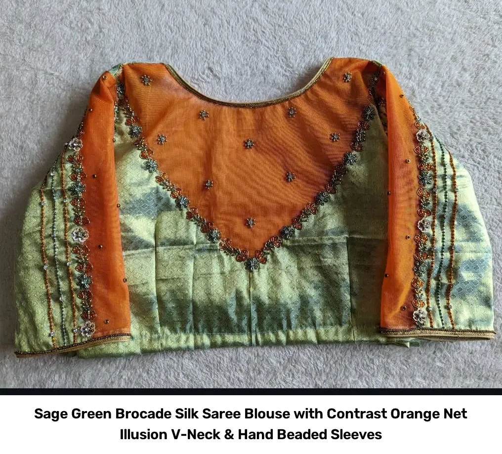 Sage Green Brocade Silk Saree Blouse with Contrast Orange Net Illusion V-Neck & Hand Beaded Sleeves 3