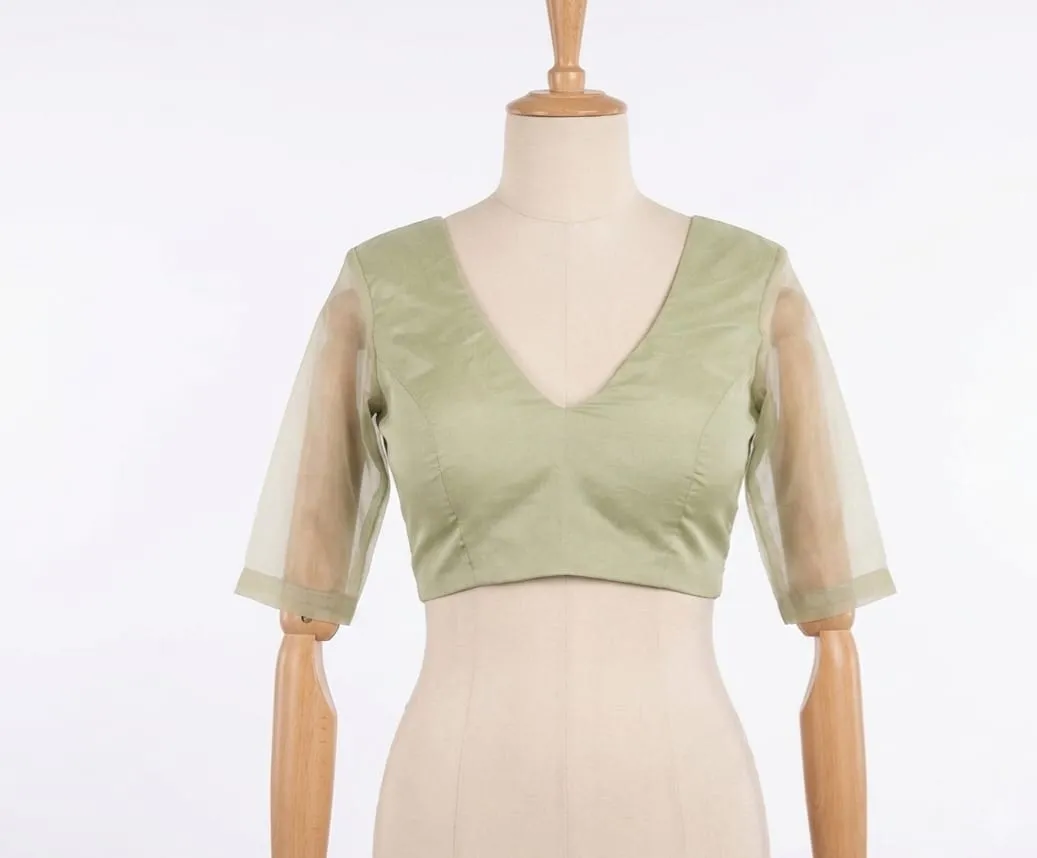 Sage Green Organza Sleeve Saree Blouse | Deep V-Neck Backless Tie-Up Designer Readymade Crop Top
