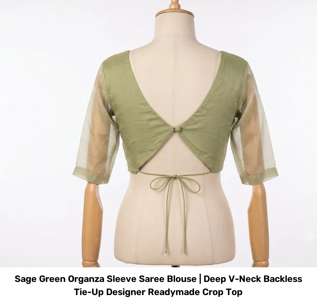 Sage Green Organza Sleeve Saree Blouse | Deep V-Neck Backless Tie-Up Designer Readymade Crop Top 2