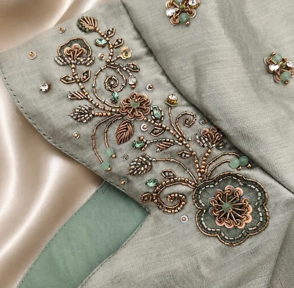 Sage Green Silk Blouse with Antique Cutdana Embroidery & Net Sleeves | Hand Embroidered Designer Saree Blouse