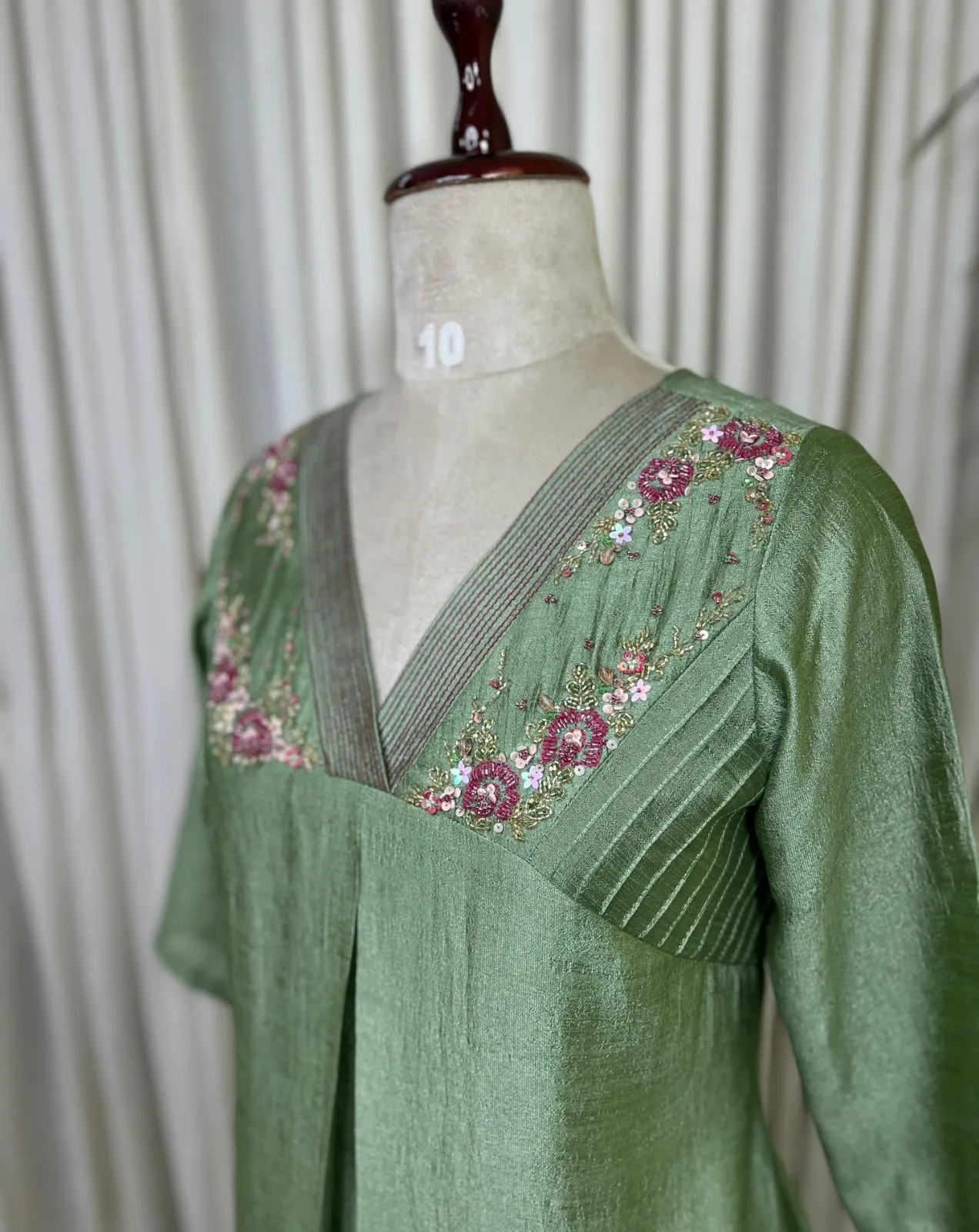 Sage Green Silk V-Neck Kurti with Hand Embroidered Yoke & Pleated Detail