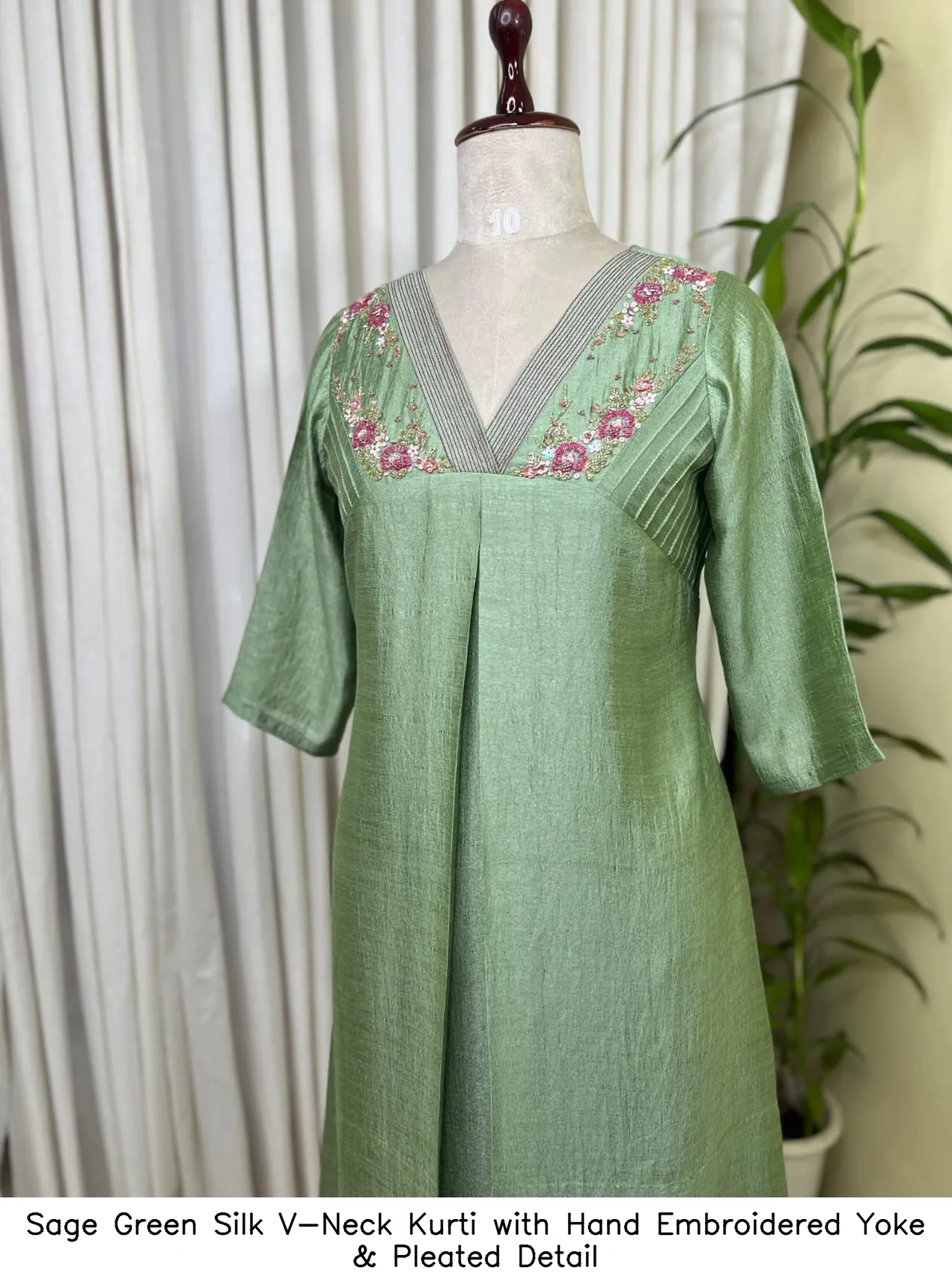 Sage Green Silk V-Neck Kurti with Hand Embroidered Yoke & Pleated Detail 2