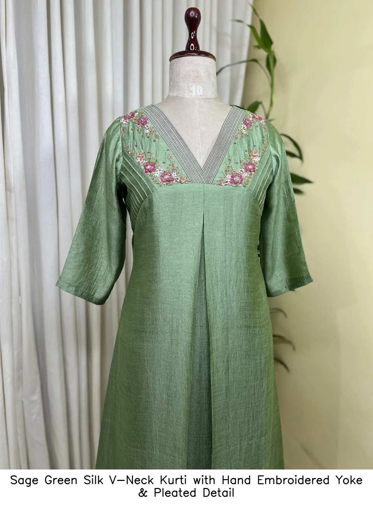 Sage Green Silk V-Neck Kurti with Hand Embroidered Yoke & Pleated Detail 3