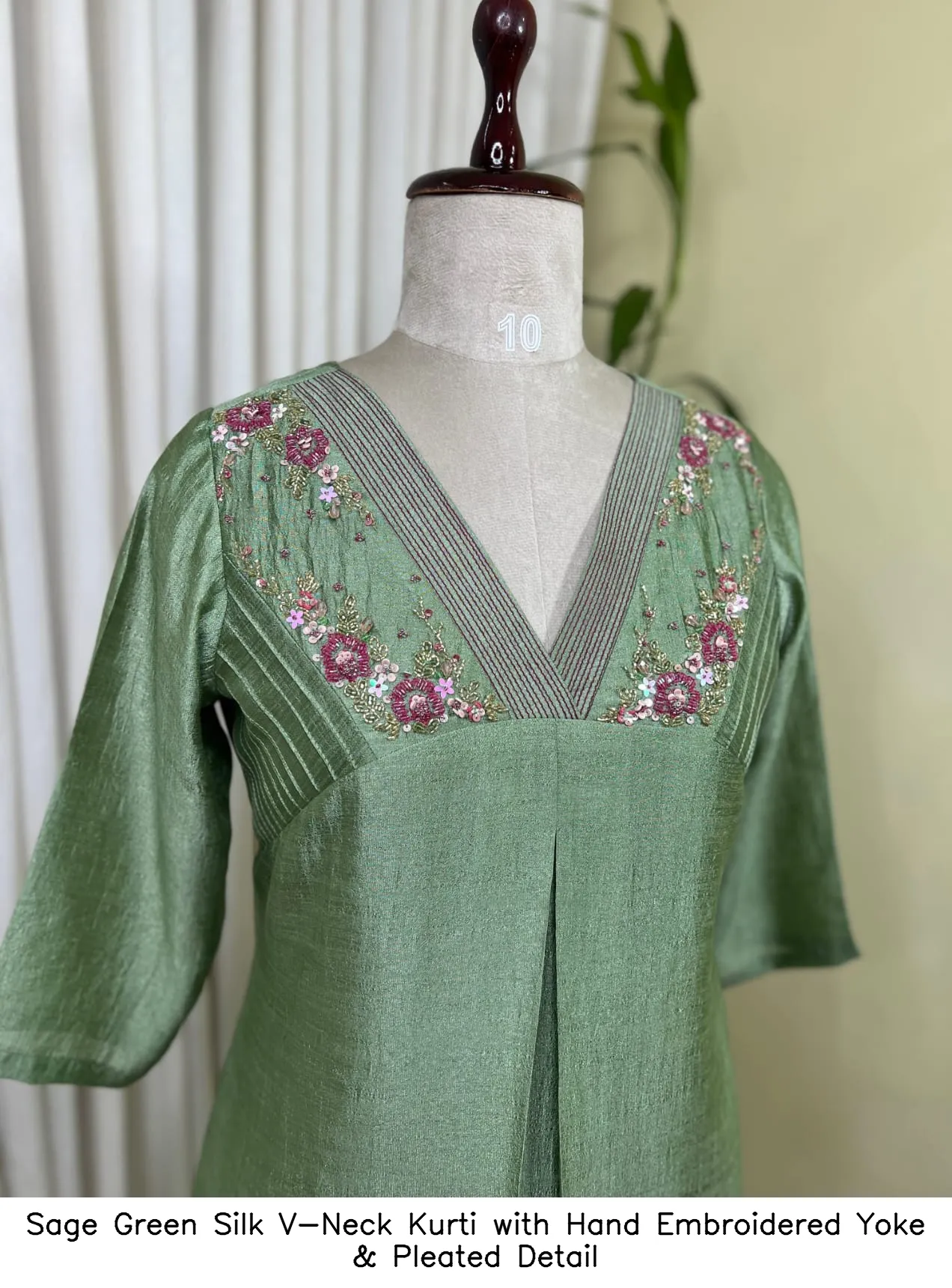 Sage Green Silk V-Neck Kurti with Hand Embroidered Yoke & Pleated Detail 4