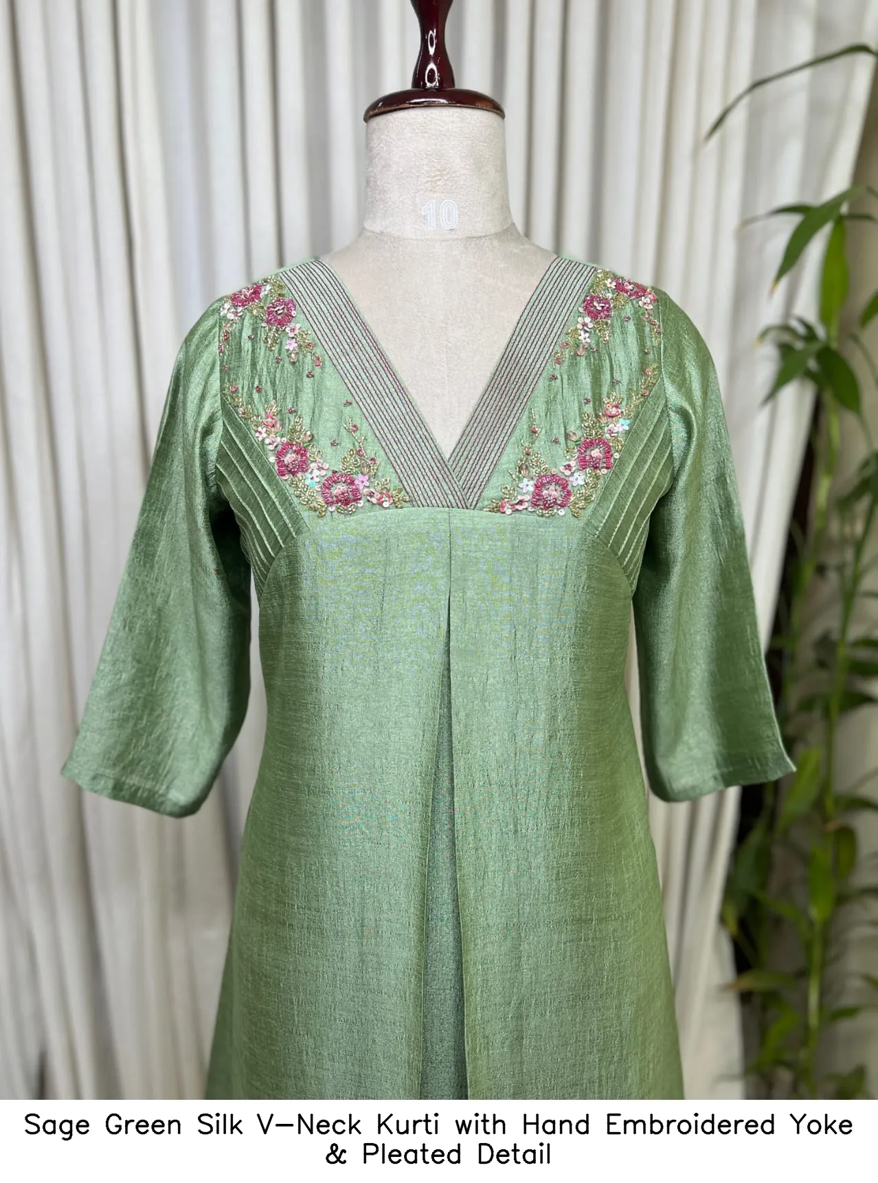 Sage Green Silk V-Neck Kurti with Hand Embroidered Yoke & Pleated Detail 5