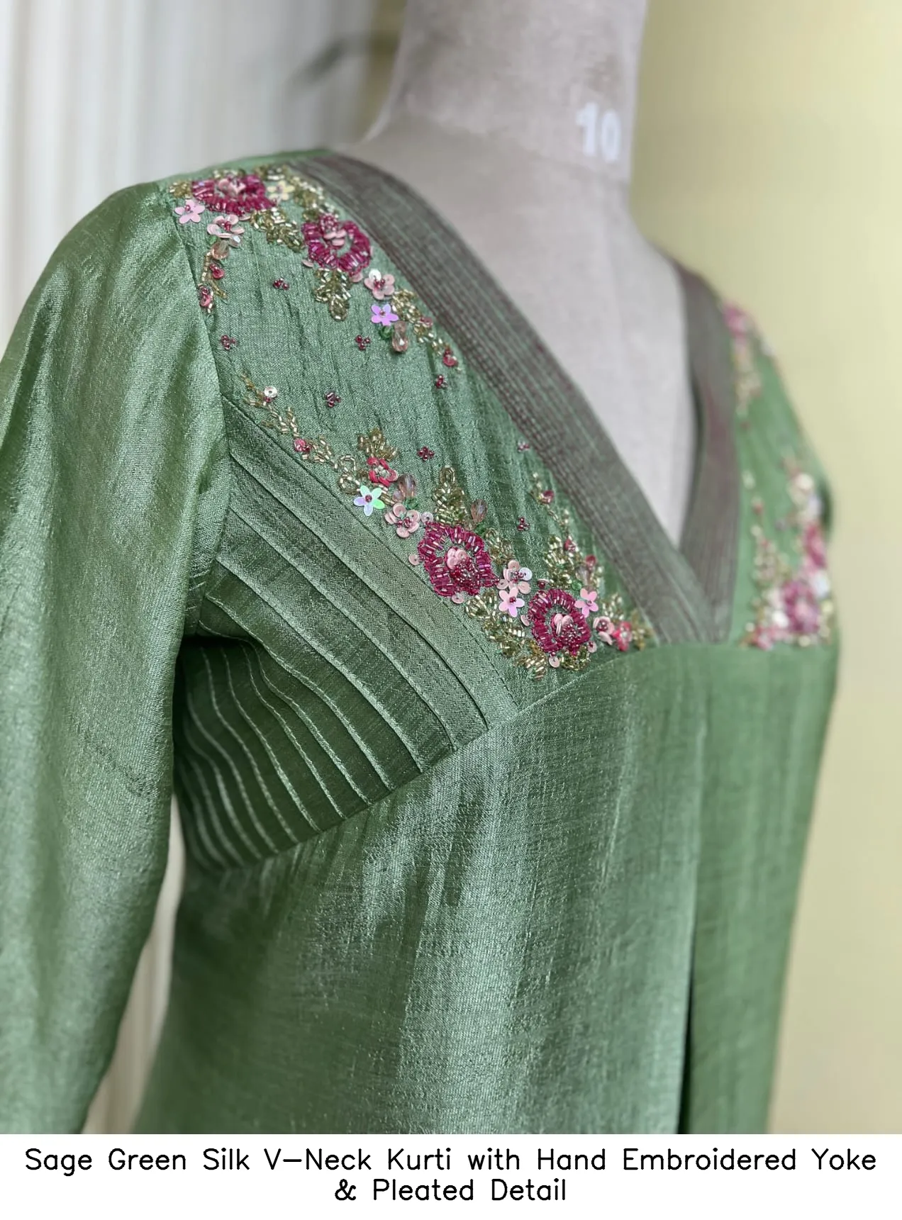 Sage Green Silk V-Neck Kurti with Hand Embroidered Yoke & Pleated Detail 6