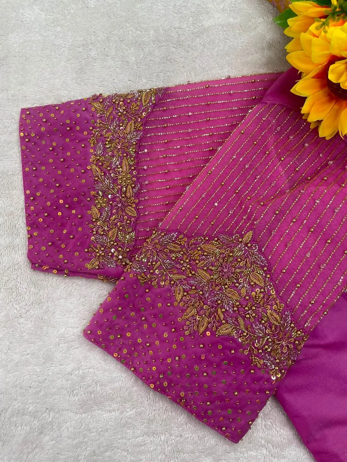 Scalloped Diamond Back Beaded Sequin Sleeve Magenta Brocade Blouse – Zardozi Work Bridal Blouse