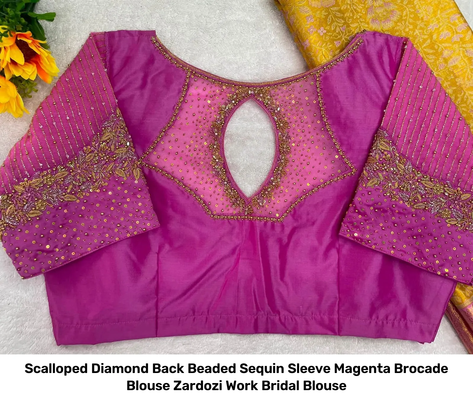 Scalloped Diamond Back Beaded Sequin Sleeve Magenta Brocade Blouse – Zardozi Work Bridal Blouse 2