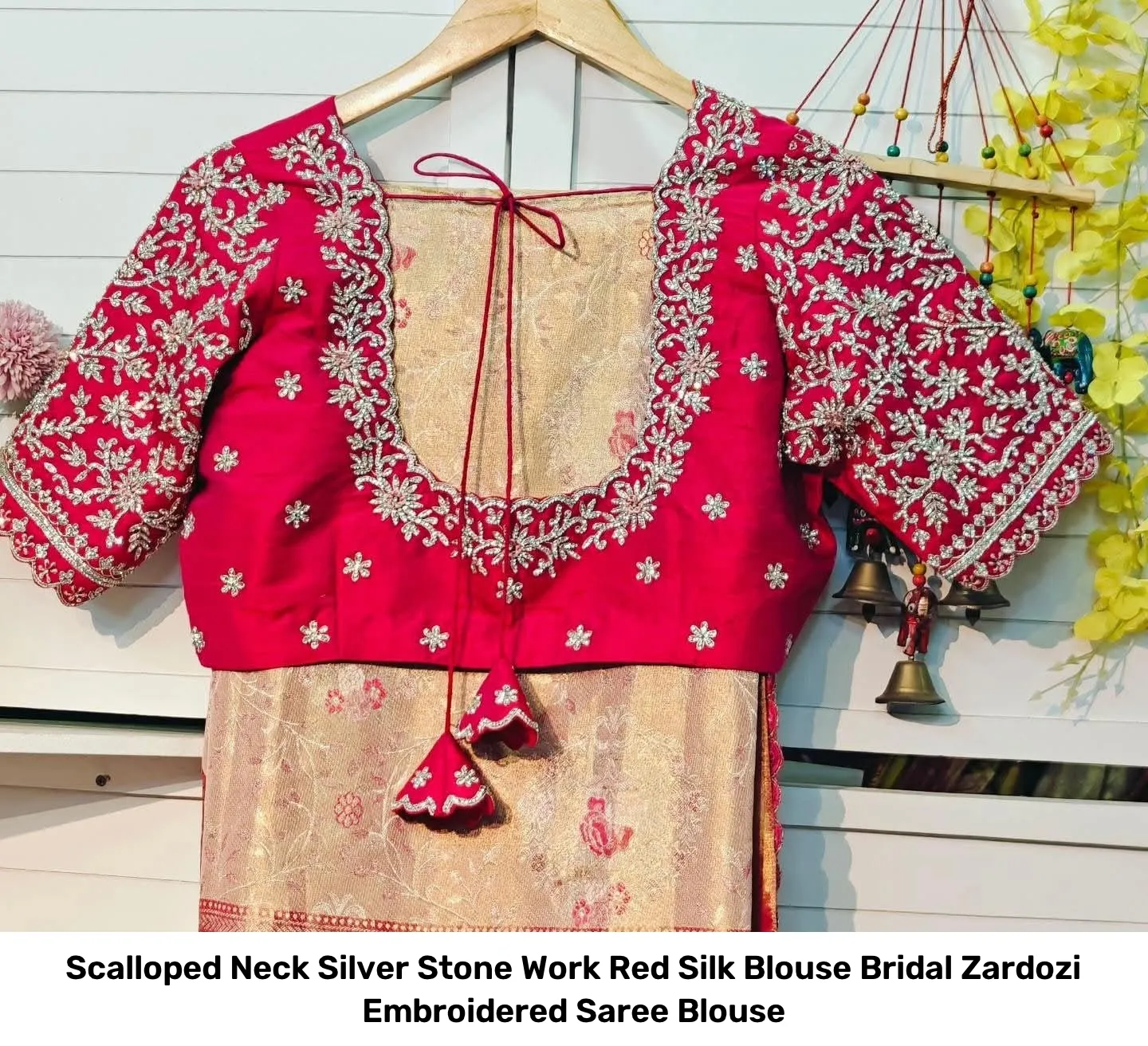 Scalloped Neck Silver Stone Work Red Silk Blouse – Bridal Zardozi Embroidered Saree Blouse 3