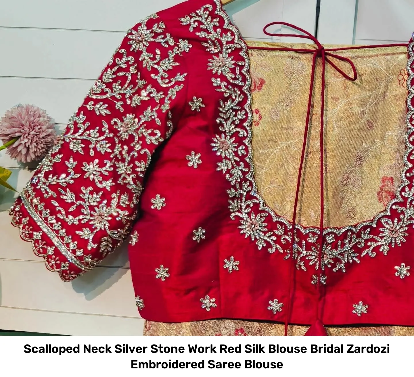 Scalloped Neck Silver Stone Work Red Silk Blouse – Bridal Zardozi Embroidered Saree Blouse 5