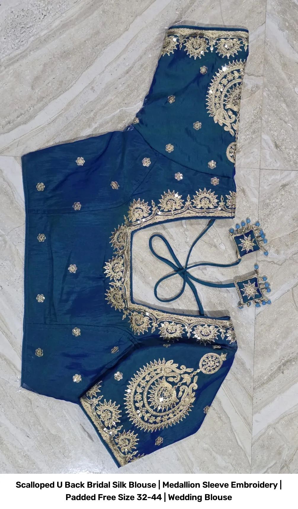 Scalloped U Back Bridal Silk Blouse | Medallion Sleeve Embroidery | Padded Free Size 32-44 | Wedding Blouse 4