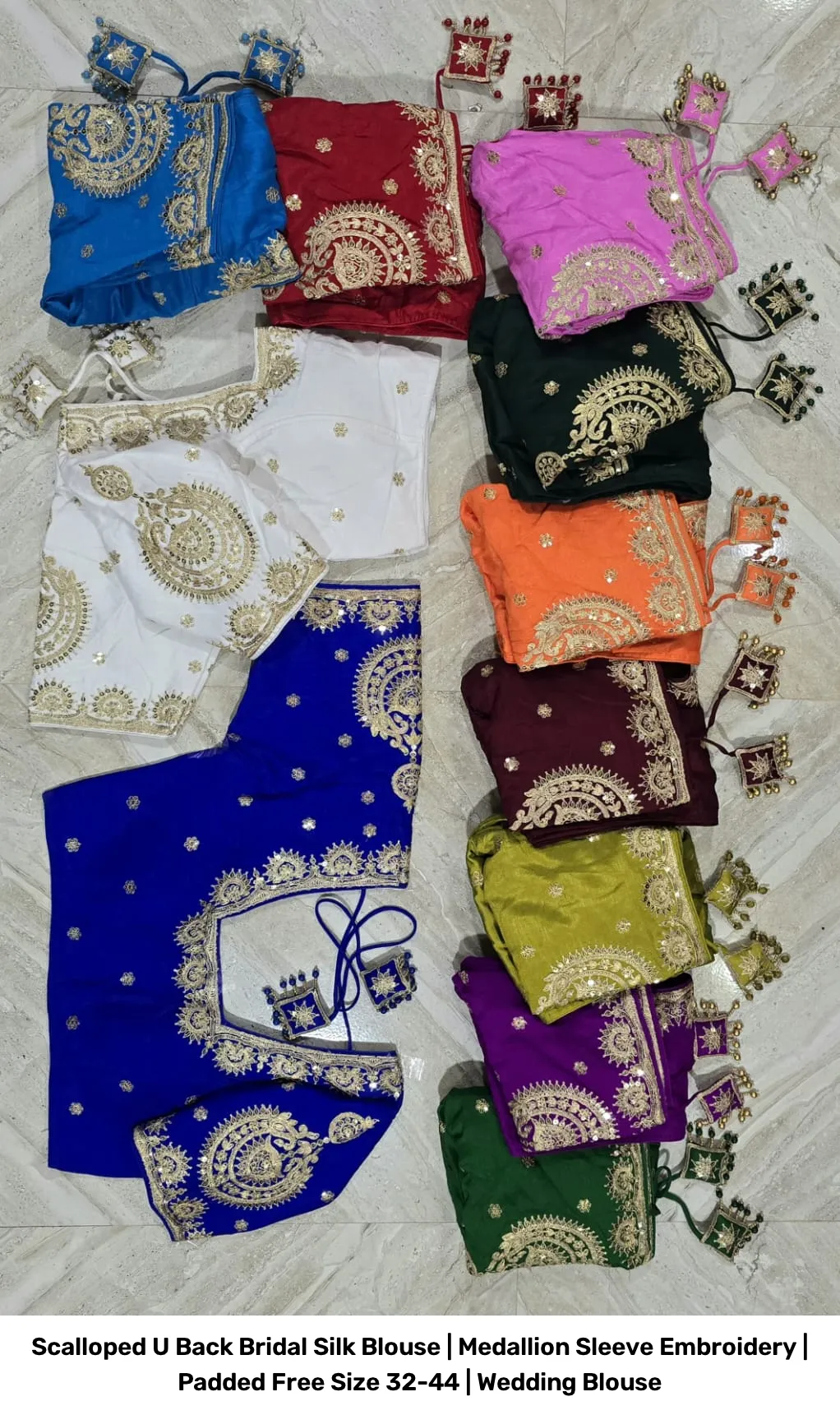 Scalloped U Back Bridal Silk Blouse | Medallion Sleeve Embroidery | Padded Free Size 32-44 | Wedding Blouse 5