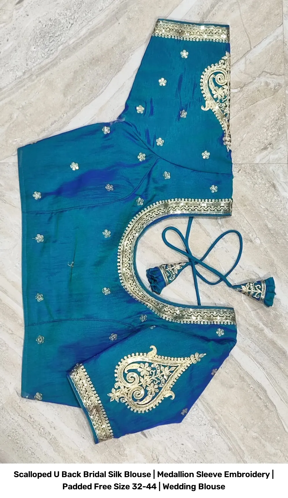 Scalloped U Back Bridal Silk Blouse | Medallion Sleeve Embroidery | Padded Free Size 32-44 | Wedding Blouse 6
