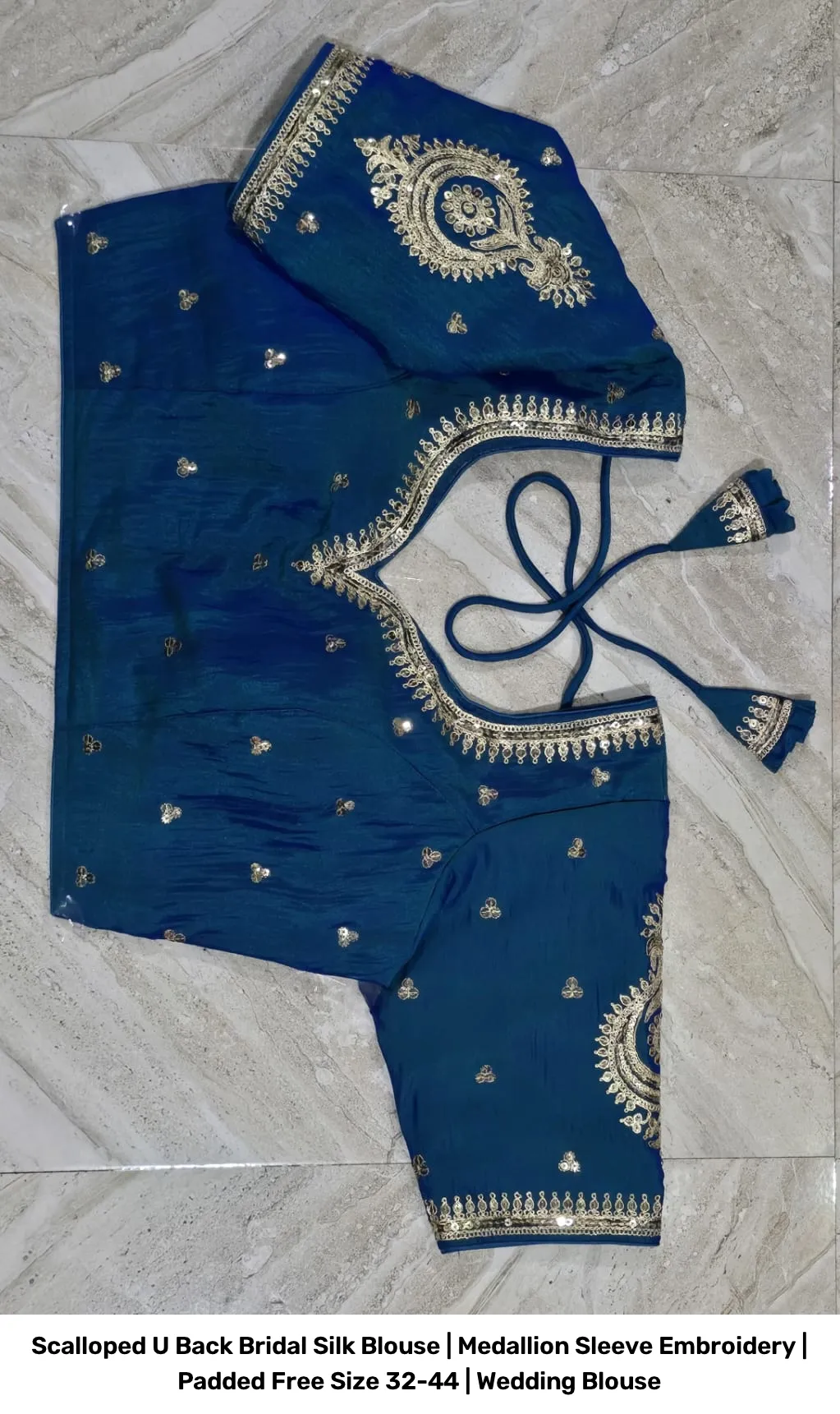Scalloped U Back Bridal Silk Blouse | Medallion Sleeve Embroidery | Padded Free Size 32-44 | Wedding Blouse 7