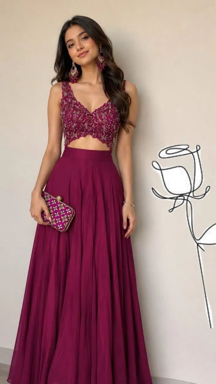 Scalloped V-Neck Embroidered Crop Top with Wine Flared Skirt – Cut-Out Waist Lehenga Set