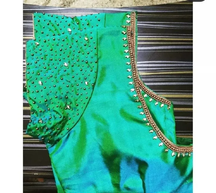 Sea Green Bead Work Readymade Saree Blouse | Peacock Teal Silk Aari Work Blouse 1