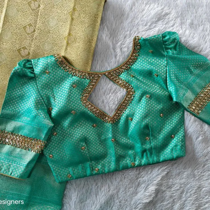 Sea Green Brocade Silk Maggam Work Blouse | Diamond Cut Keyhole Back & Kundan Puff Sleeve Readymade Saree Blouse 1