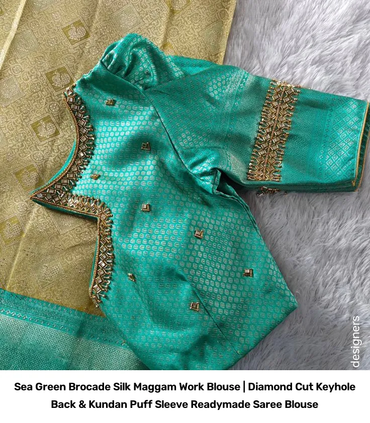 Sea Green Brocade Silk Maggam Work Blouse | Diamond Cut Keyhole Back & Kundan Puff Sleeve Readymade Saree Blouse 2