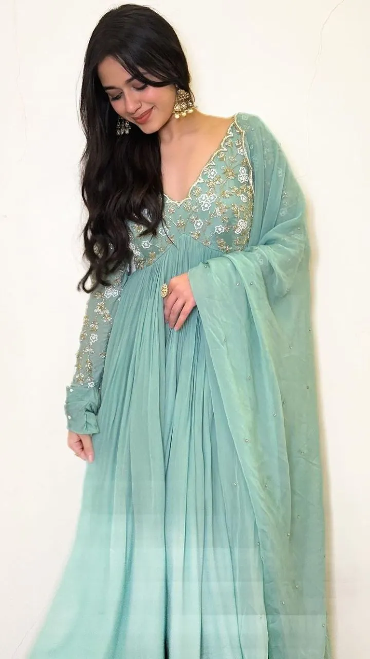 Sea Green Georgette Anarkali Suit | Handcrafted Floral Thread & Sequin Work Party Wear Gown