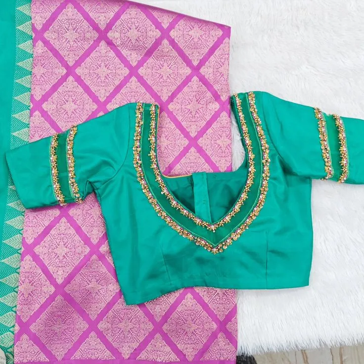 Sea Green Hand Embroidered Bridal Blouse with Pearl & Stone Border | Readymade Designer Saree Blouse for Pattu Sarees