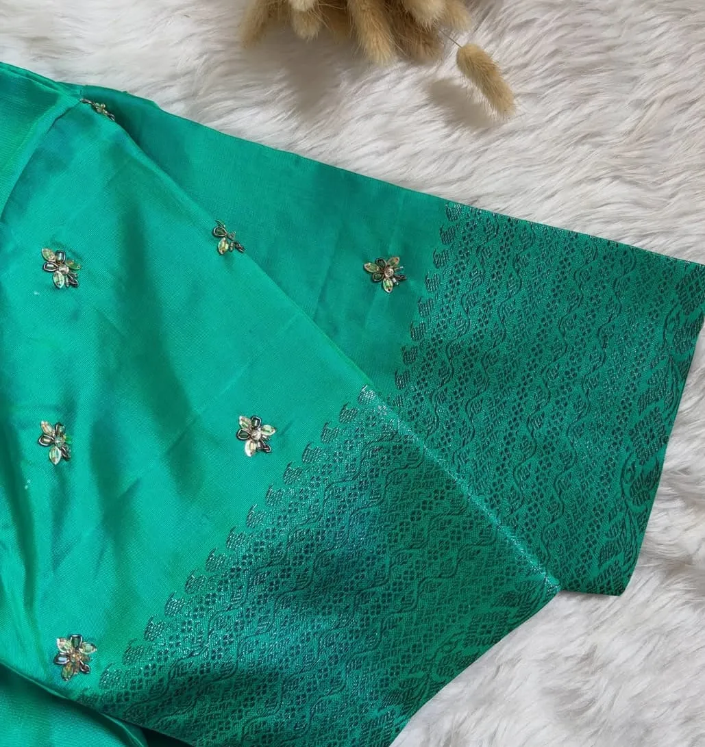 Sea Green Maggam Work Blouse – Delicate Silver Zari Floral Sleeves & Front Button Neck Design