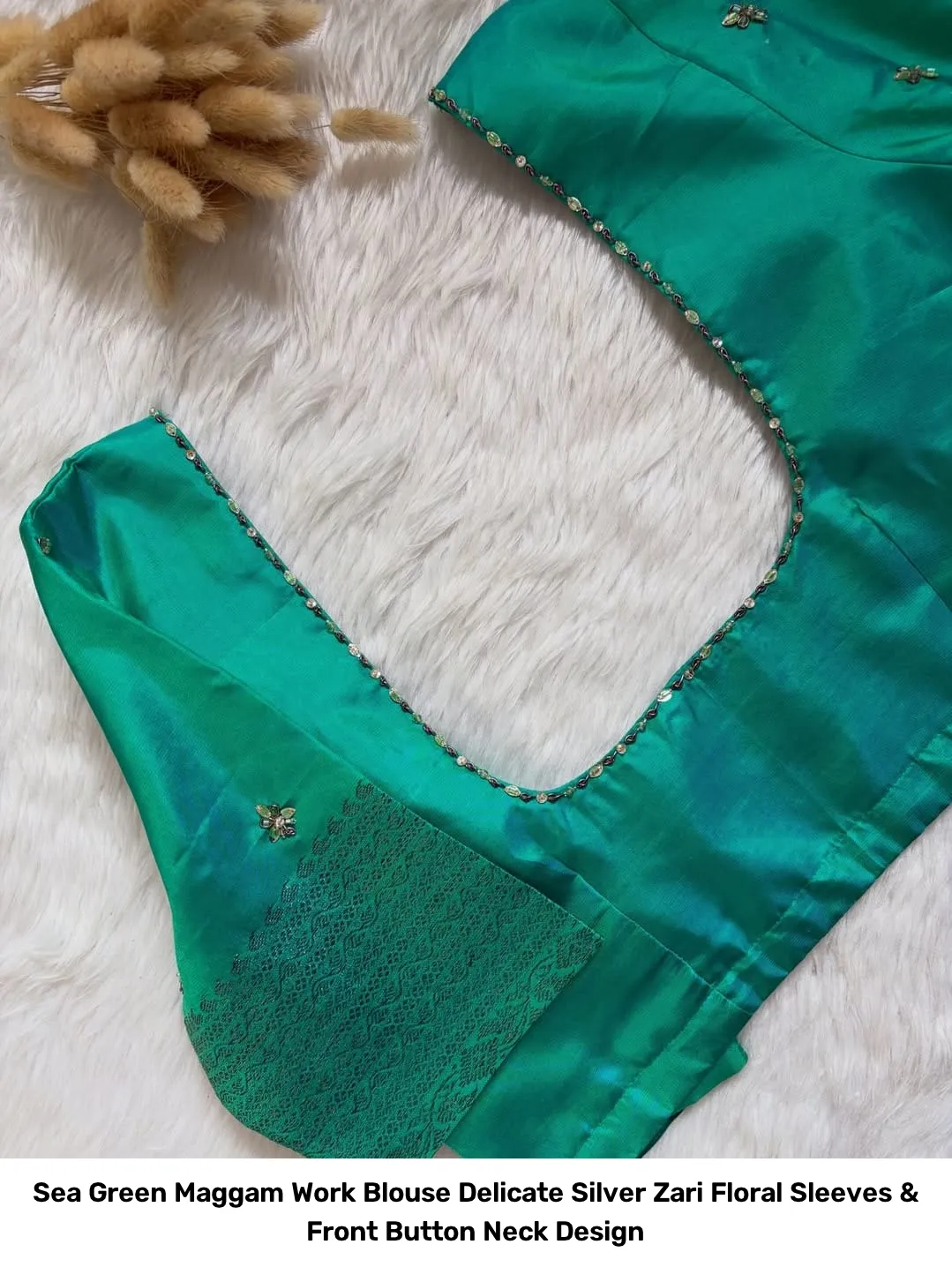 Sea Green Maggam Work Blouse – Delicate Silver Zari Floral Sleeves & Front Button Neck Design 2