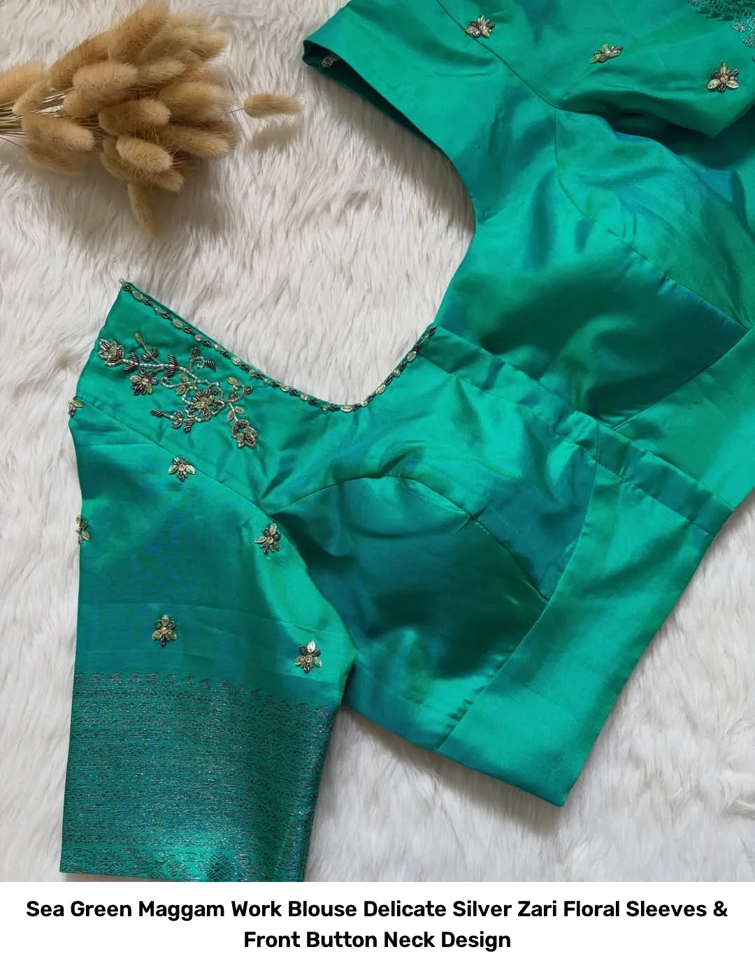 Sea Green Maggam Work Blouse – Delicate Silver Zari Floral Sleeves & Front Button Neck Design 3