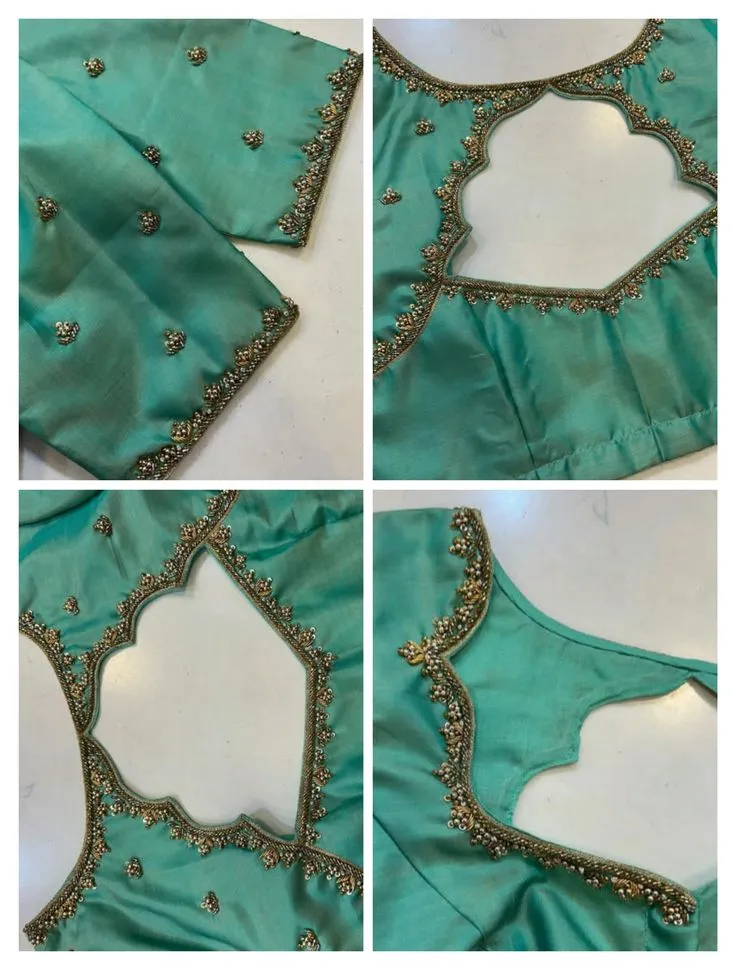 Sea Green Maggam Work Blouse – Lotus Cutout Back Neck & Antique Bead Aari Work Silk Saree Blouse 1