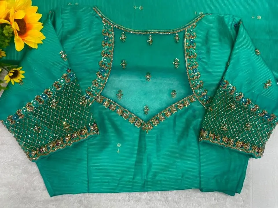 Sea Green Maggam Work Blouse – Net Jaal Sleeve & Sheer Illusion Neck Aari Embroidery Silk Blouse 1