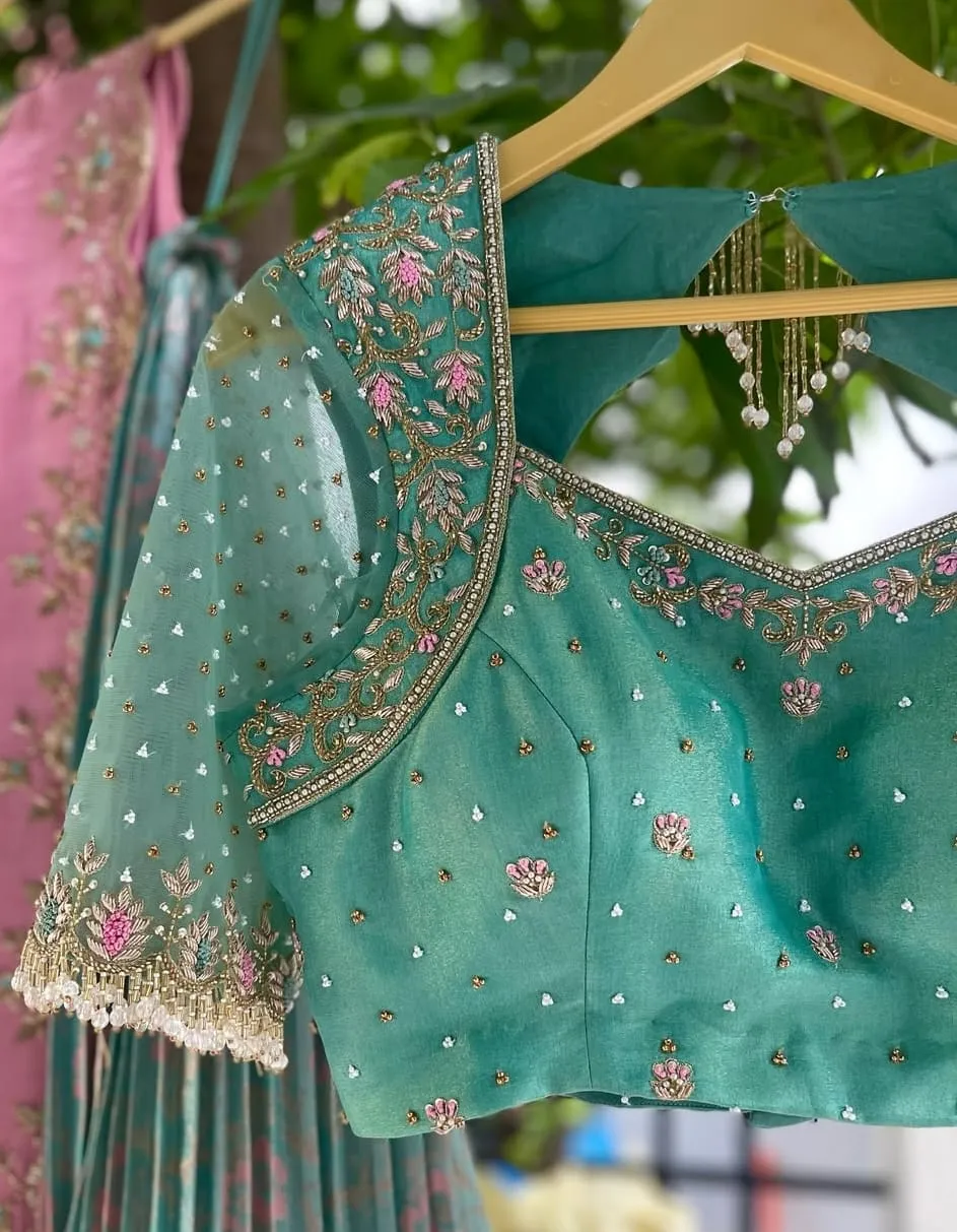 Sea Green Net Sleeve Maggam Work Blouse with Pearl Tassel Latkan | Bridal Hand Embroidered Raw Silk Saree Blouse (Customizable)