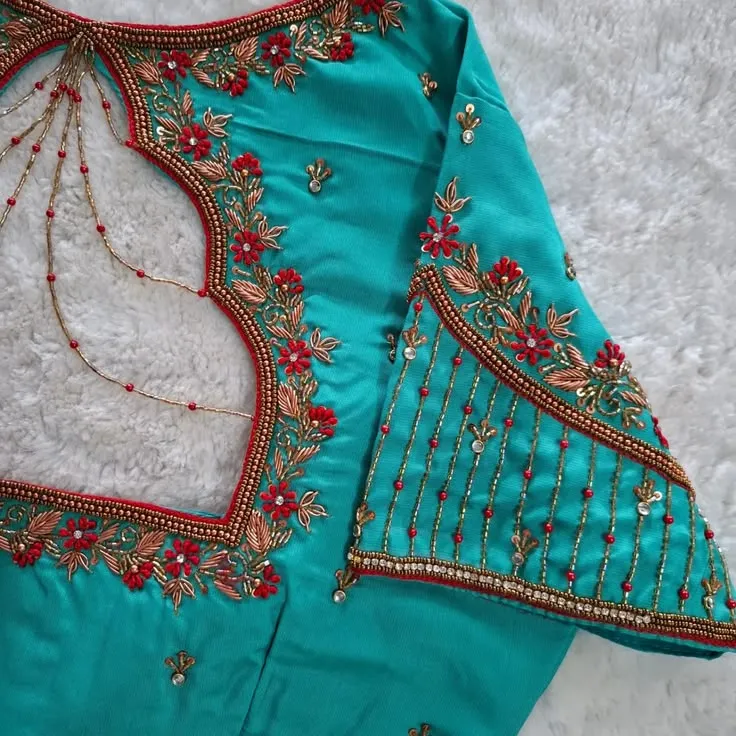 Sea Green Raw Silk Blouse – Heavy Red Bead Stripes & Maggam Work Cut-Out Back Designer Saree Blouse