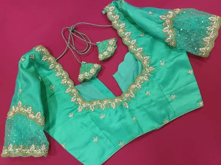 Sea Green Scallop Neck Maggam Work Blouse | Sheer Net Bell Sleeves Designer Aari Work Silk Saree Blouse with Latkan