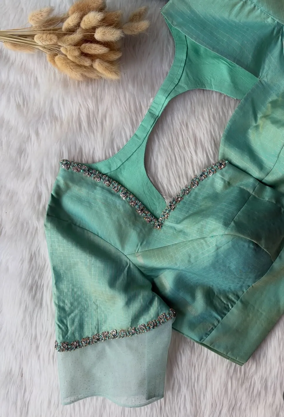 Sea Green Silk Blouse with Cutout Back Design | Hand Beaded Stone Work | Designer Bridal Blouse