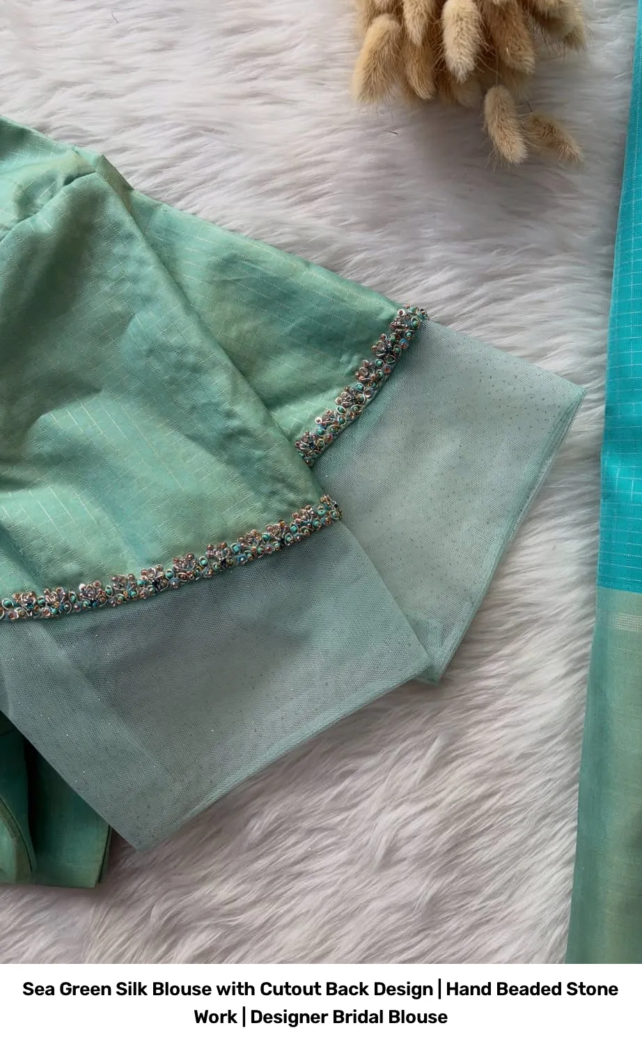 Sea Green Silk Blouse with Cutout Back Design | Hand Beaded Stone Work | Designer Bridal Blouse 2