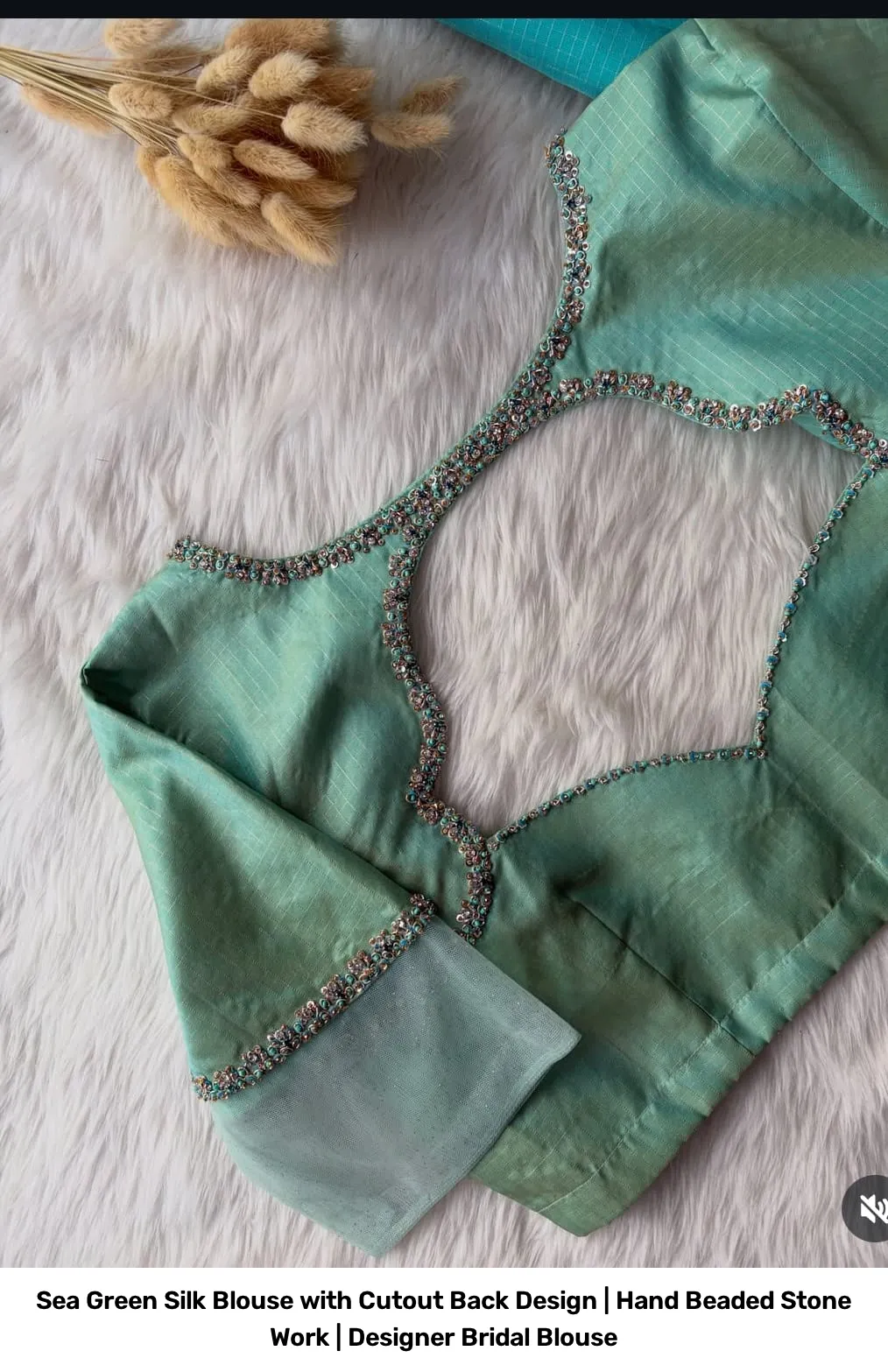 Sea Green Silk Blouse with Cutout Back Design | Hand Beaded Stone Work | Designer Bridal Blouse 3