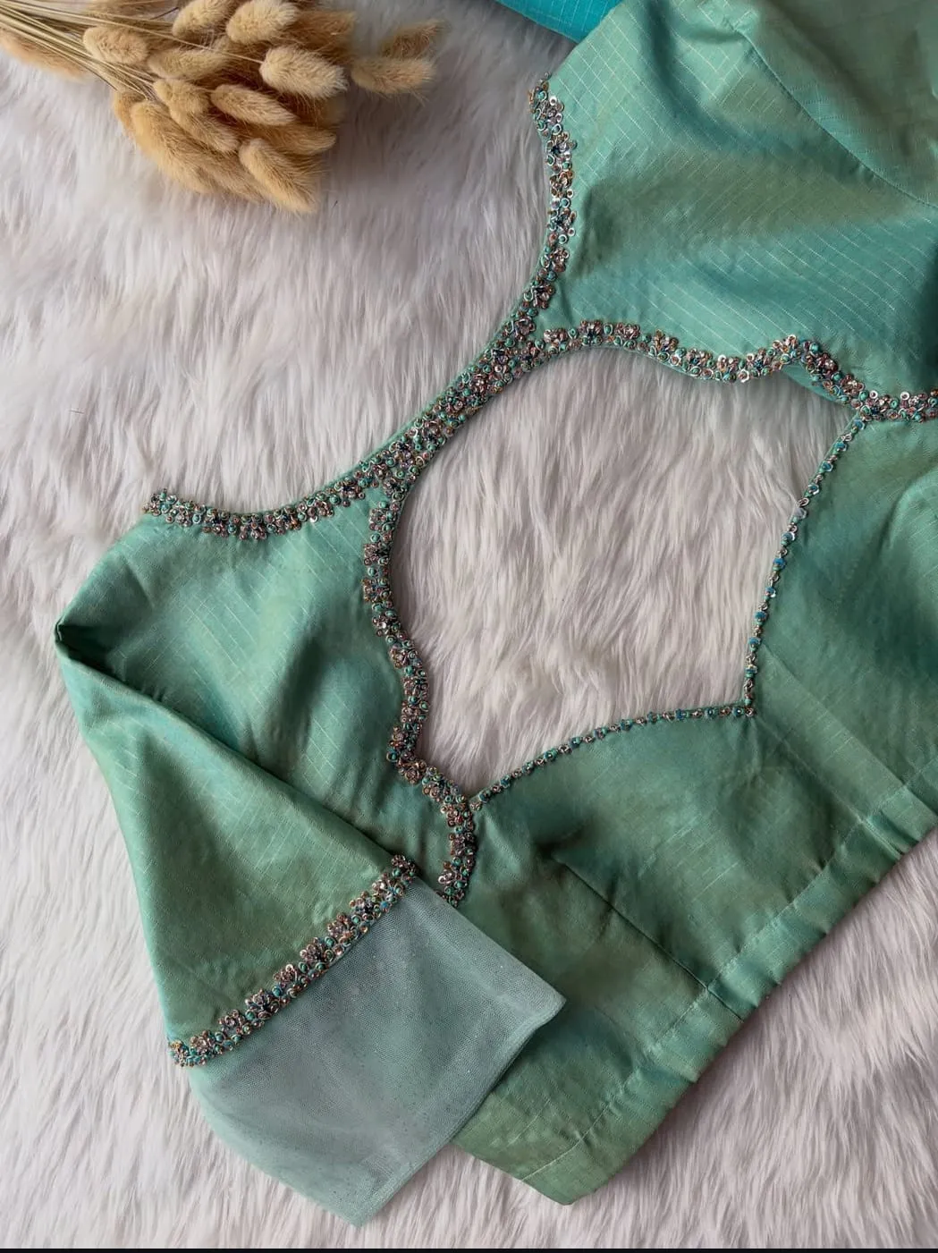 Sea Green Silk Cutout Neck Blouse | Handcrafted Bead & Sequin Work Readymade Saree Blouse with Net Sleeves