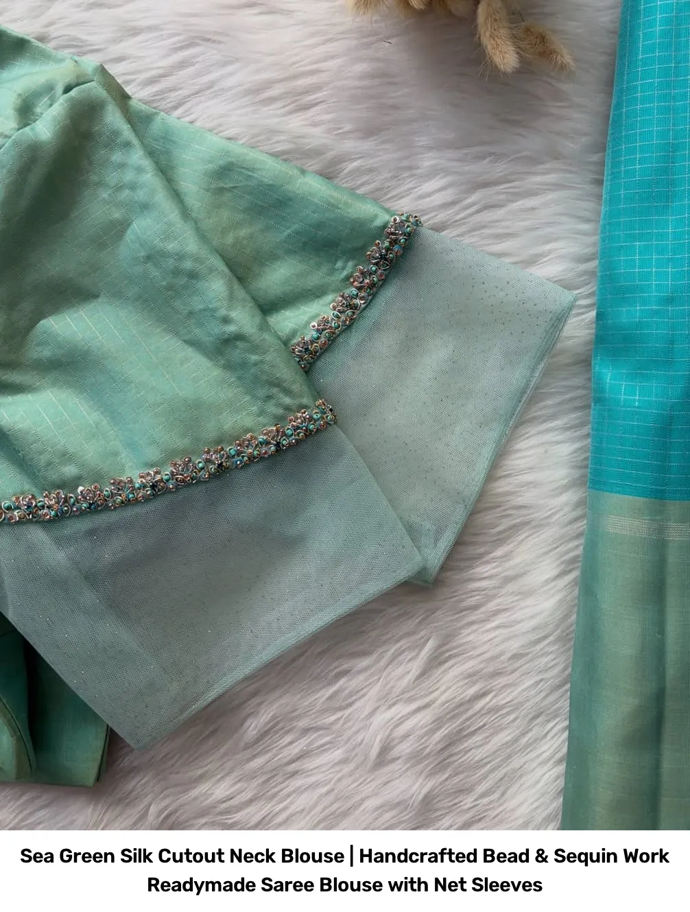 Sea Green Silk Cutout Neck Blouse | Handcrafted Bead & Sequin Work Readymade Saree Blouse with Net Sleeves 2