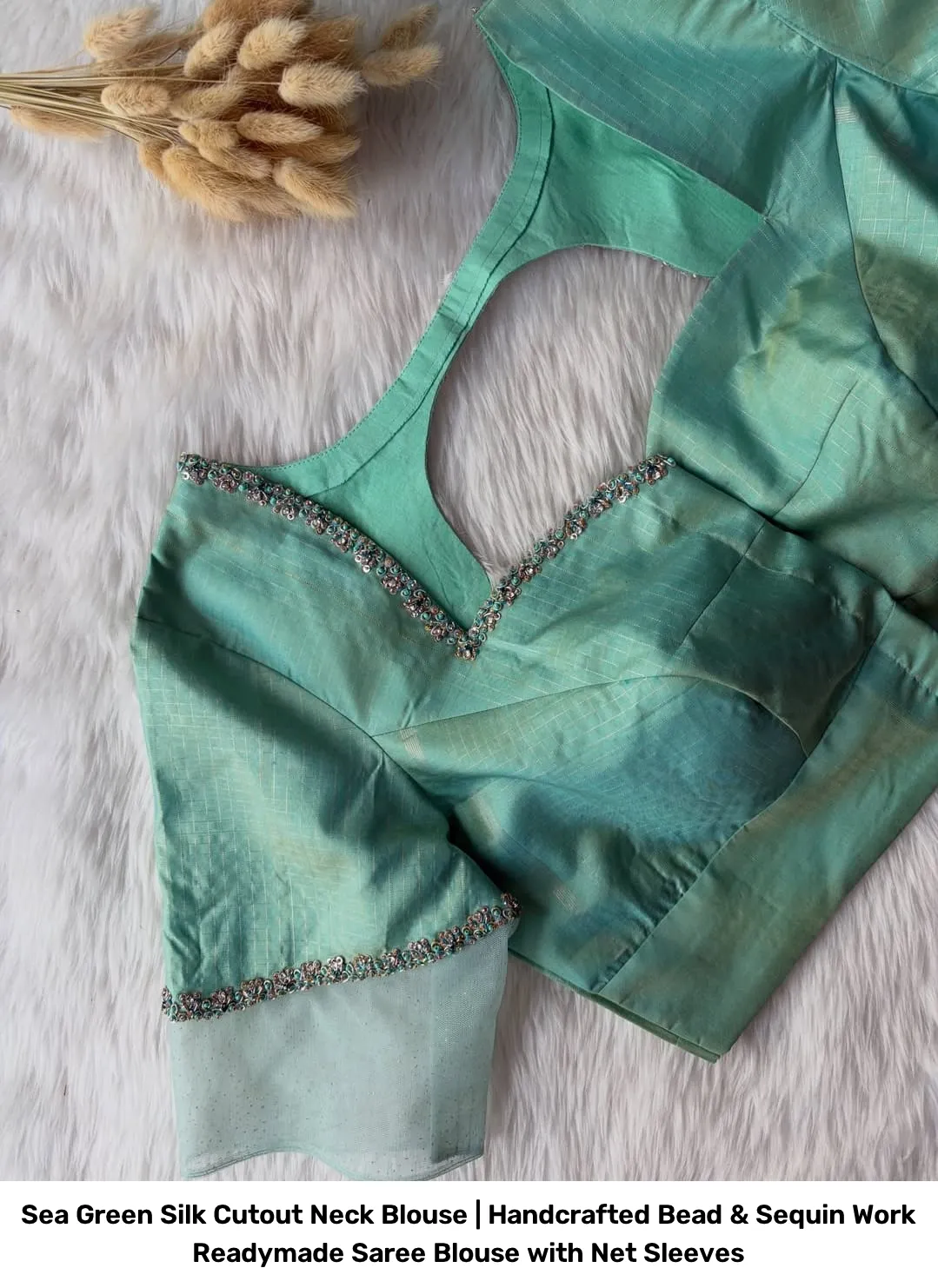 Sea Green Silk Cutout Neck Blouse | Handcrafted Bead & Sequin Work Readymade Saree Blouse with Net Sleeves 3