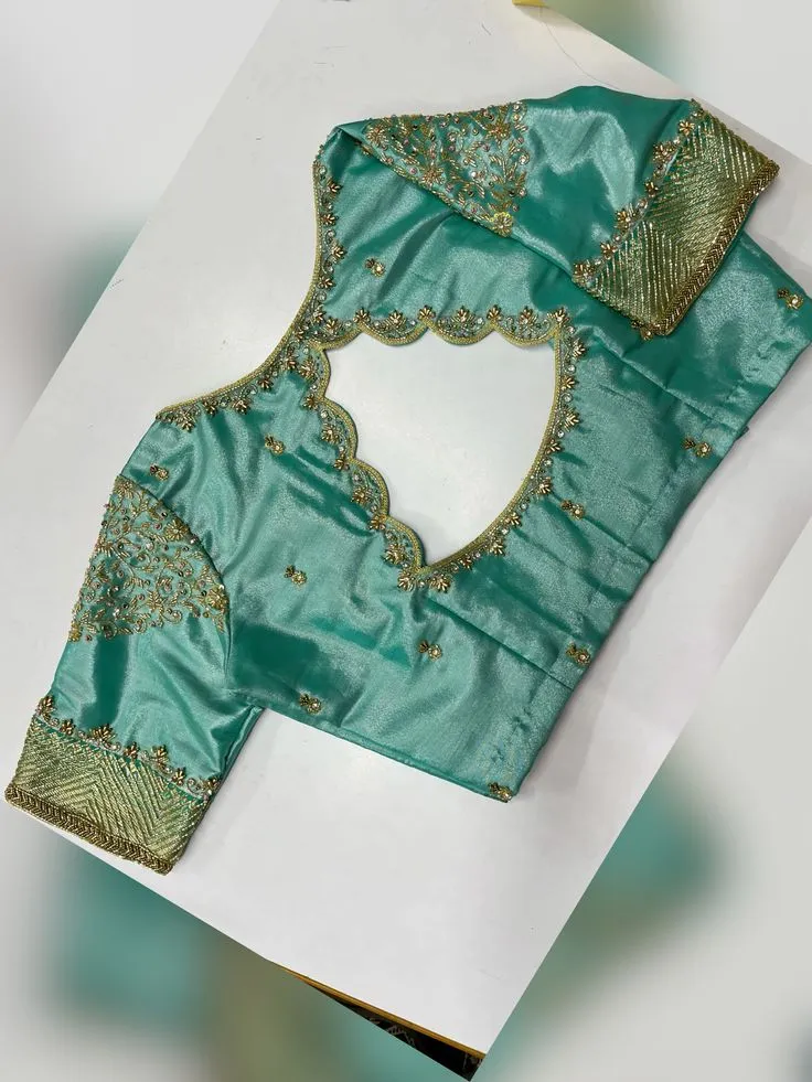 Sea Green Silk Maggam Work Blouse | Scalloped Cut-Out Back Neck Bridal Saree Blouse with Gold Aari Zari Embroidery 1