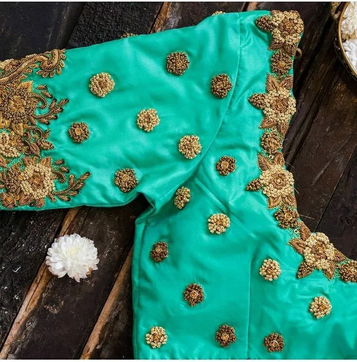 Sea Green Silk Saree Blouse | Antique Gold Maggam Work & Paisley Embroidery Bridal Blouse