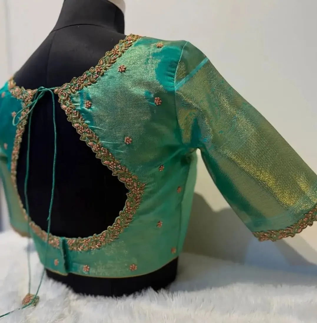 Sea Green Silk Saree Blouse with Tissue Zari Sleeves & Hand Embroidered Dori Cutout Back 1